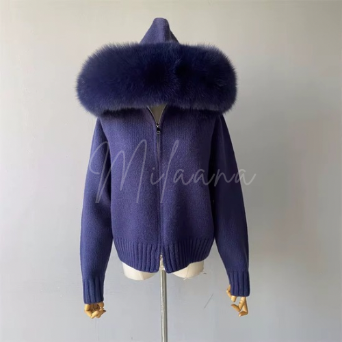 Fox Fur Hooded Knitted Cardigan
