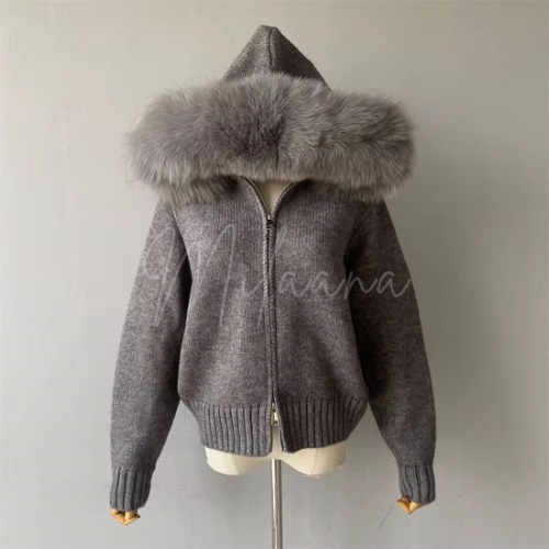 Fox Fur Hooded Knitted Cardigan