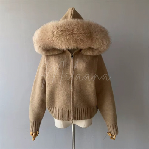 Fox Fur Hooded Knitted Cardigan