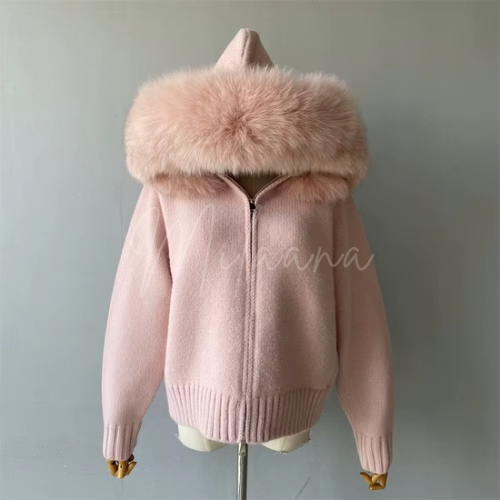 Fox Fur Hooded Knitted Cardigan