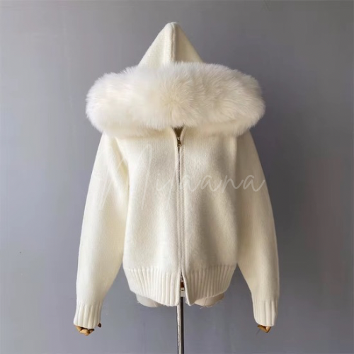 Fox Fur Hooded Knitted Cardigan
