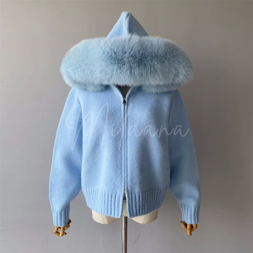 Fox Fur Hooded Knitted Cardigan