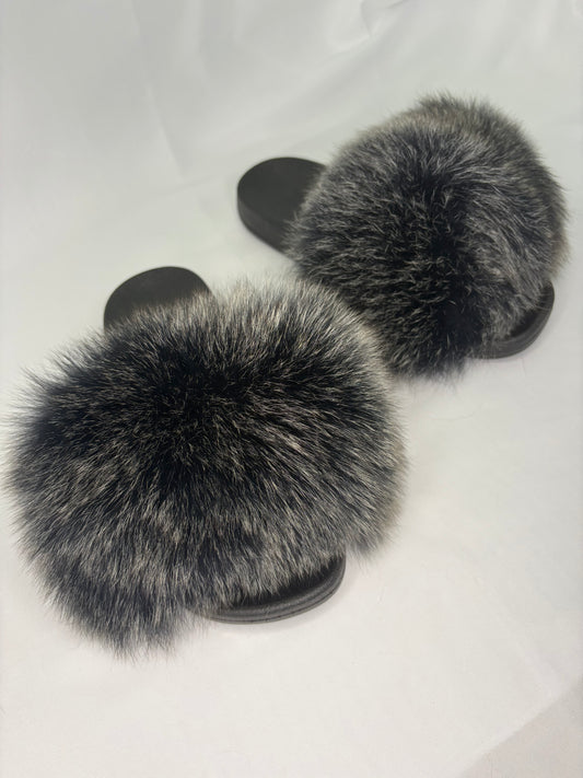 Frosted Black Fur Sliders