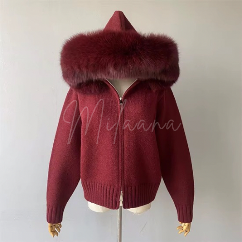 Fox Fur Hooded Knitted Cardigan