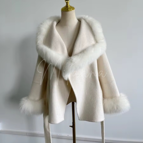 Short Overlap Cashmere & Fox Fur Coat