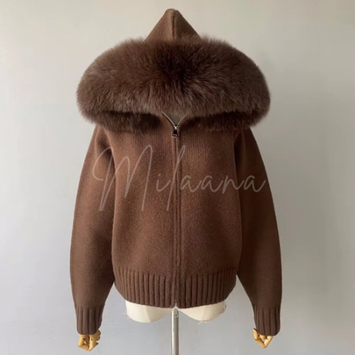 Fox Fur Hooded Knitted Cardigan